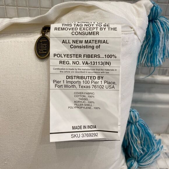 Pier One Lumbar Teal White Pillow with Tassels - Picture 3 of 9